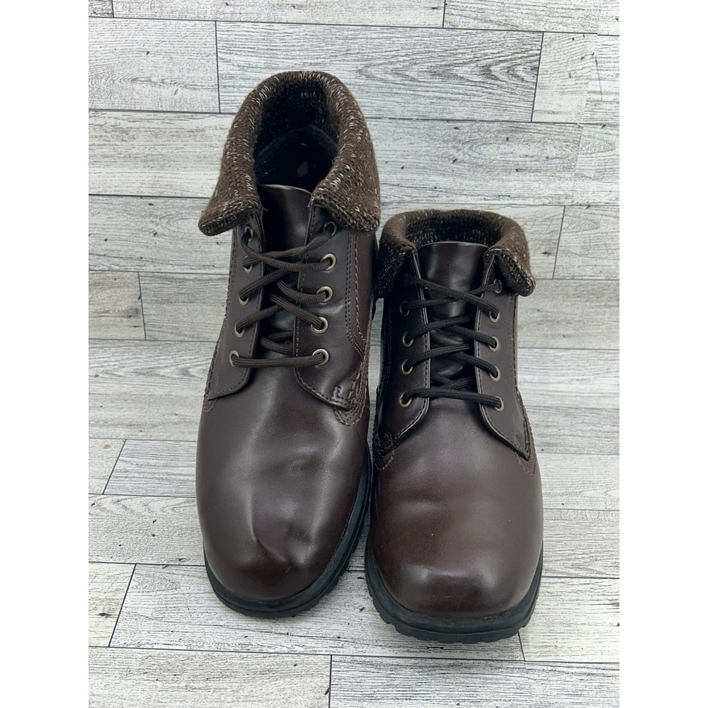 Thom McAn Women Brown Leather Ankle Boots Knit Collar Lug Sole Size 8 21908